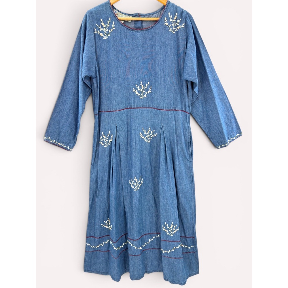 Vintage‎ Papy Boez Hand Embroidered Chambray Midi Dress Cottagecore S Prairie